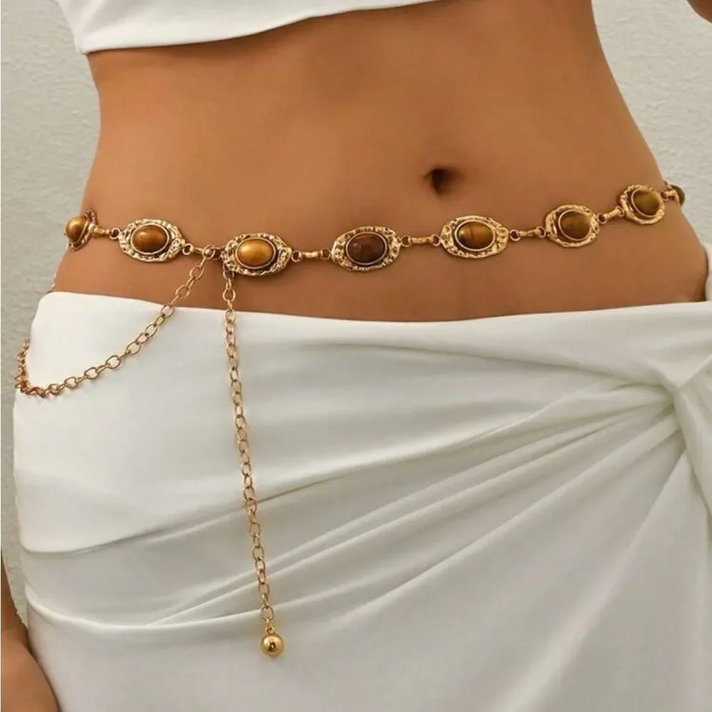 Vintage style chain Brown detail belt M599